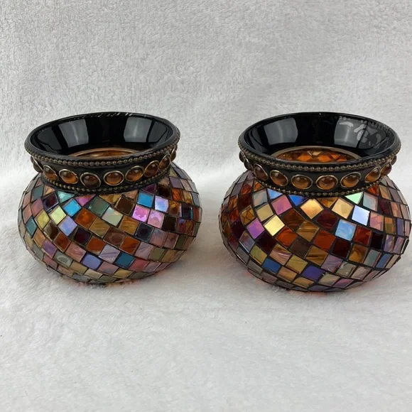 Partylite Mosaic Glass Candle Holders - Brown and Gold Set of 2 - Picture 9 of 16